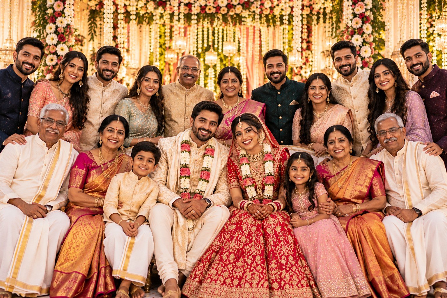 Bride and groom with both families