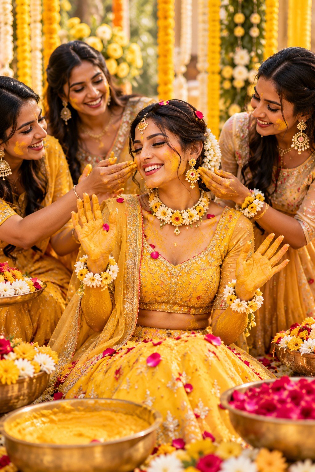 Bride celebrating during the haldi ceremony
