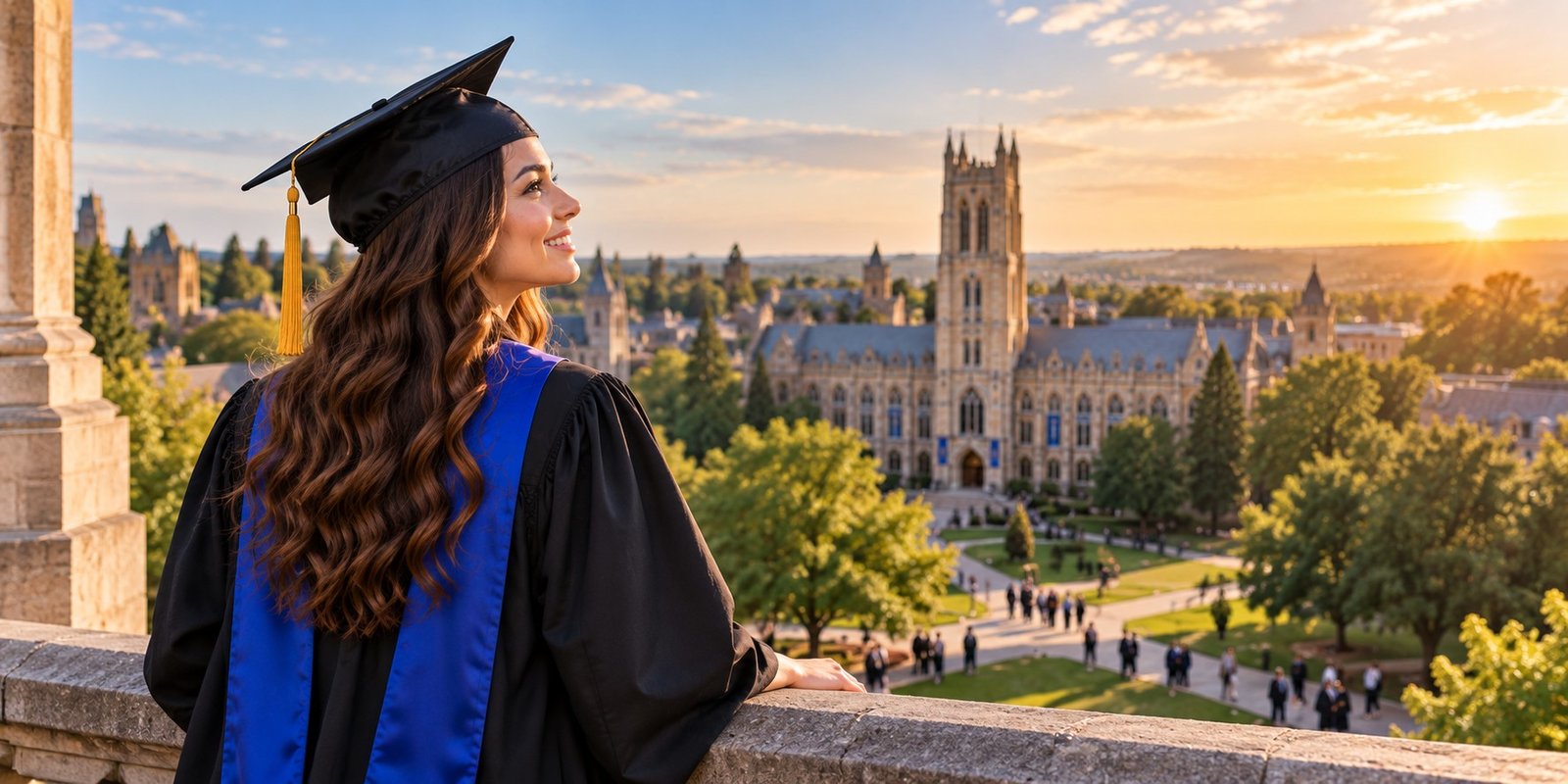 Graduate looking across the university campus