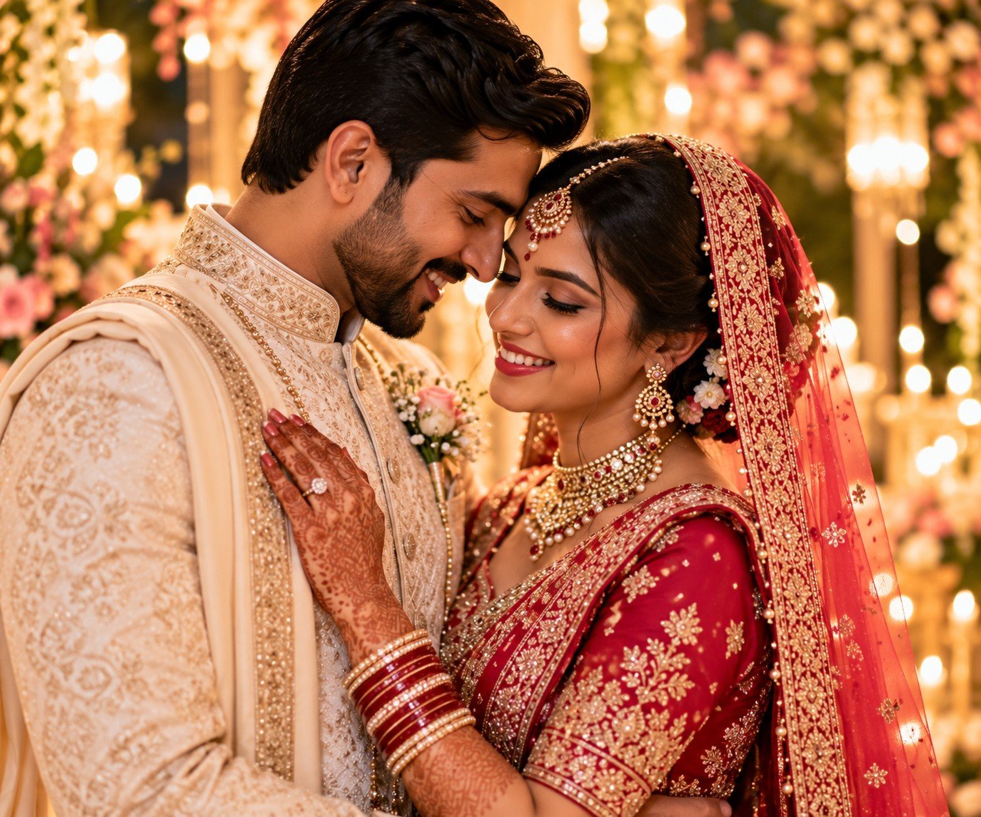 Romantic close-up portrait of the bride and groom
