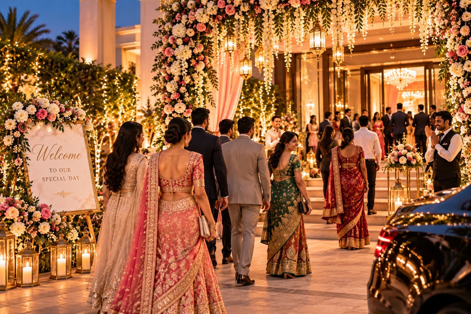Wedding guests arriving at the venue