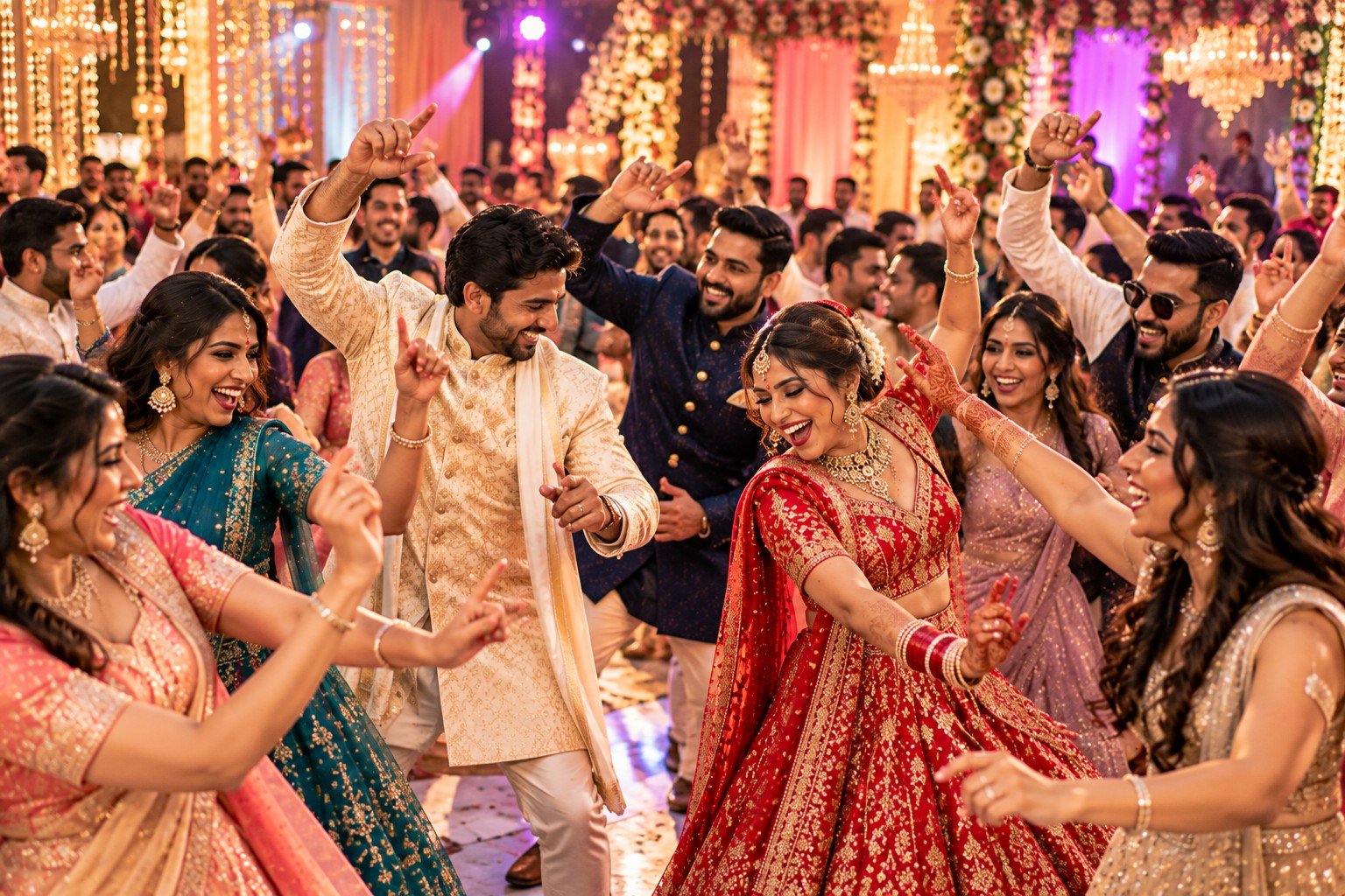 Wedding guests celebrating on the dance floor