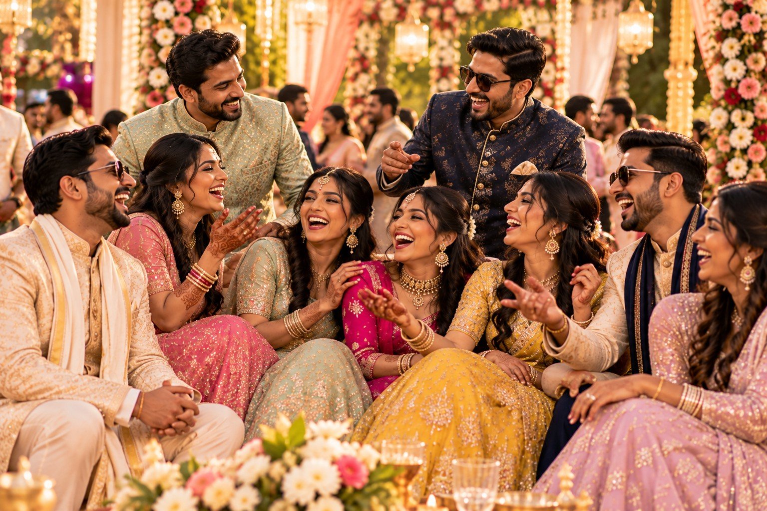 Wedding guests laughing together