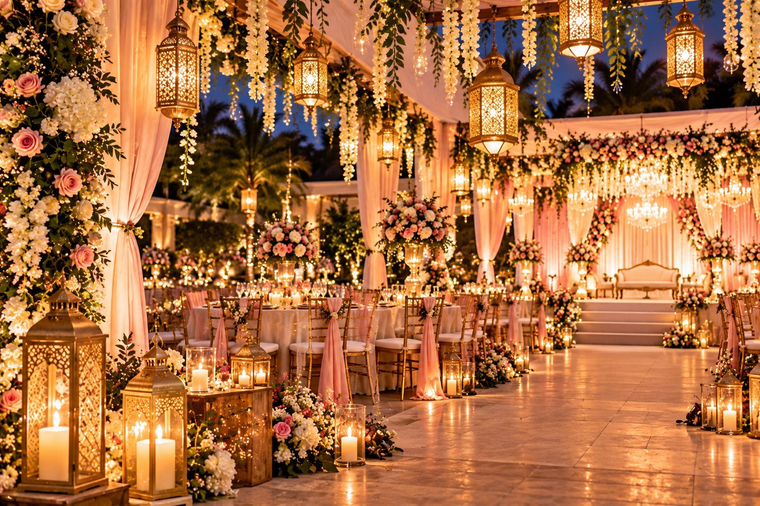 Wedding venue decorations and lanterns