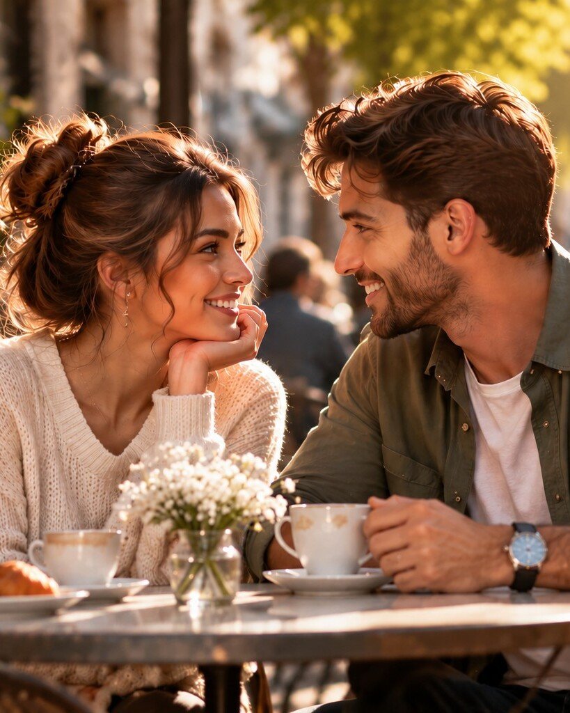 Emma and Noah meeting for the first time at a café