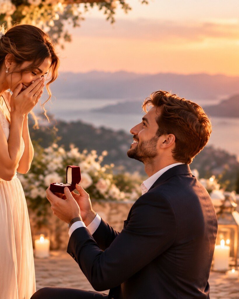 Emma reacting to Noah's marriage proposal at sunset